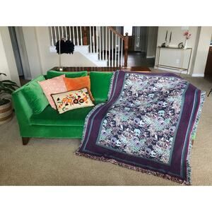 vintage 90s Reversible FRUIT PRINT plums, grapes, pears Fringe BLANKET afghan